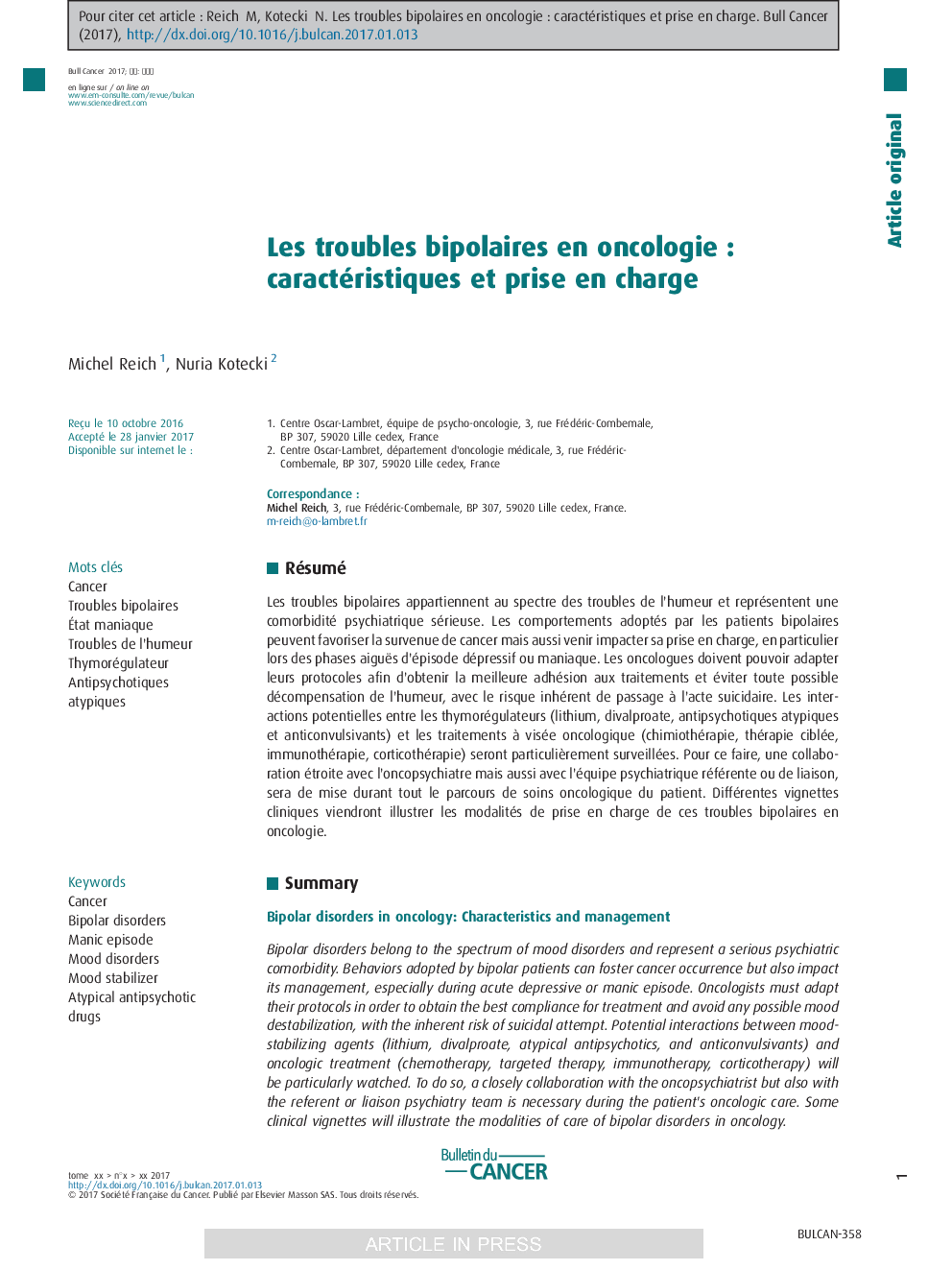 Les troubles bipolaires en oncologieÂ : caractéristiques et prise en charge