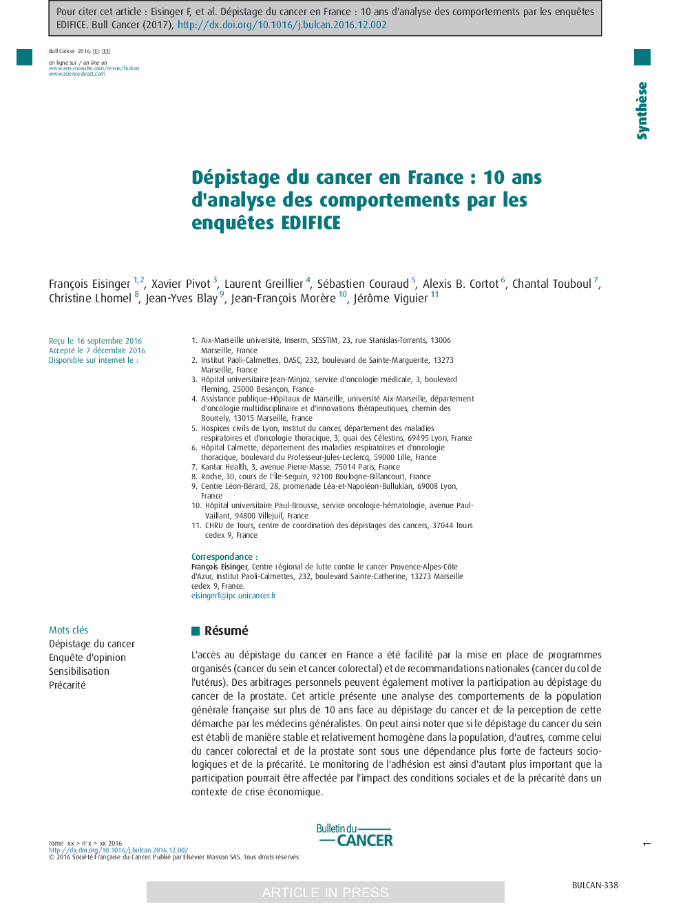 Dépistage du cancer en FranceÂ : 10Â ans d'analyse des comportements par les enquÃªtes EDIFICE