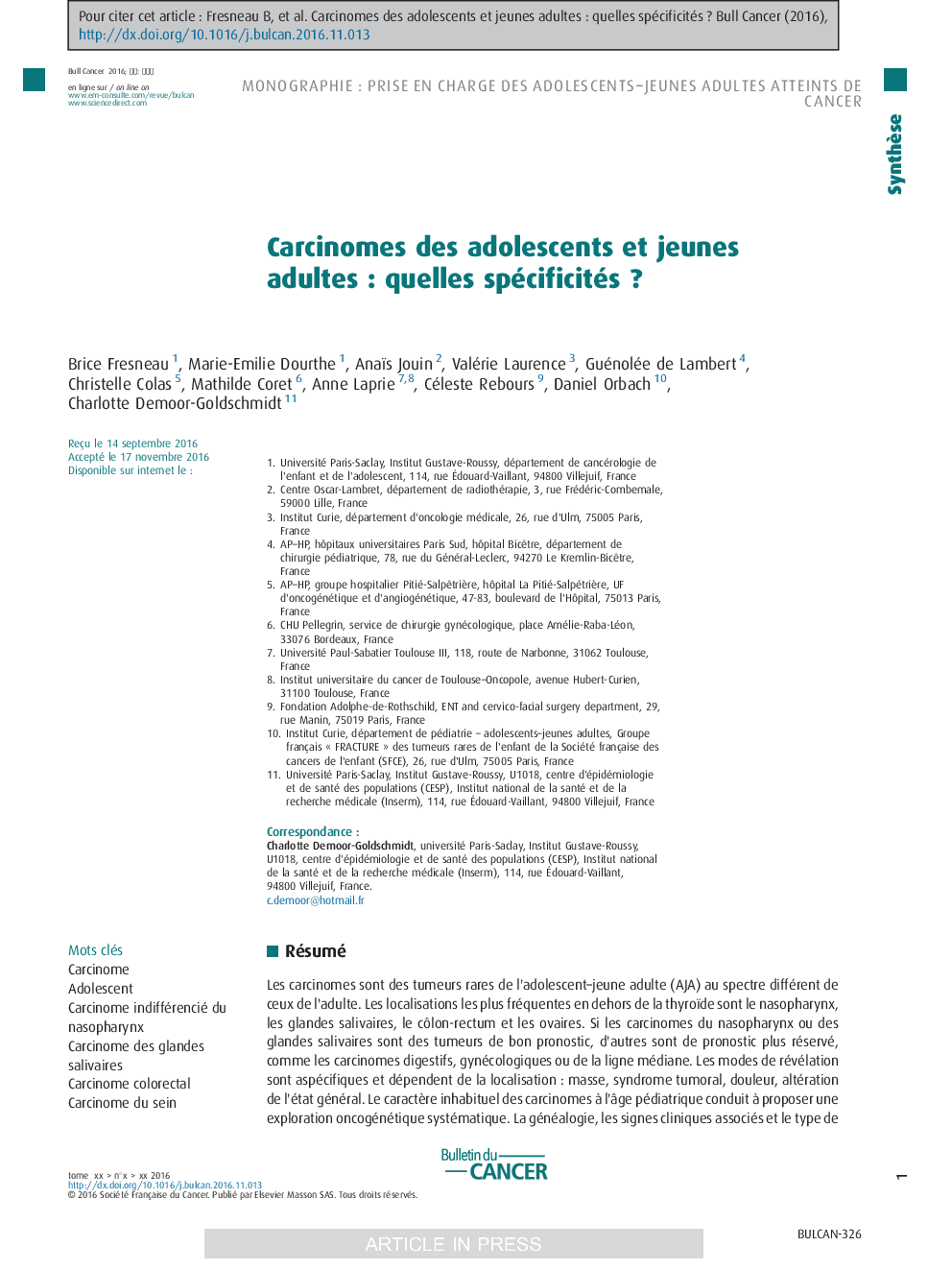 Carcinomes des adolescents et jeunes adultesÂ : quelles spécificitésÂ ?