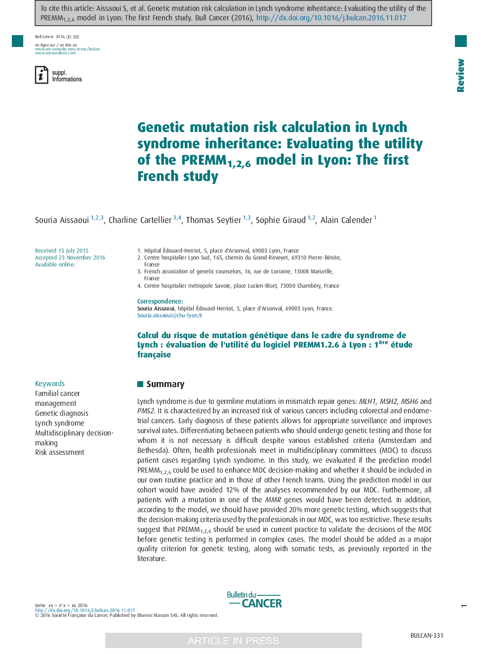 Genetic mutation risk calculation in Lynch syndrome inheritance: Evaluating the utility of the PREMM1,2,6 model in Lyon: The first French study