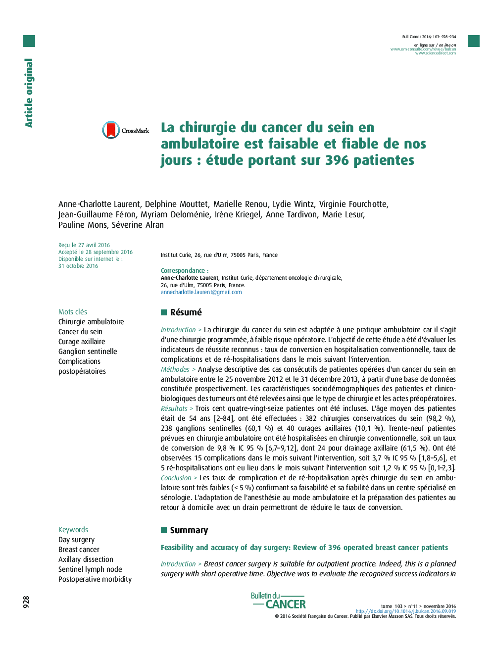 La chirurgie du cancer du sein en ambulatoire est faisable et fiable de nos joursÂ : étude portant sur 396Â patientes