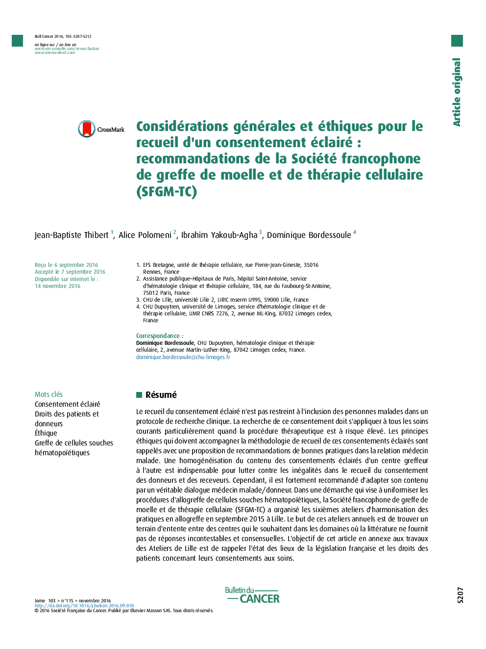 Considérations générales et éthiques pour le recueil d'un consentement éclairéÂ : recommandations de la Société francophone de greffe de moelle et de thérapie cellulaire (SFGM-TC)