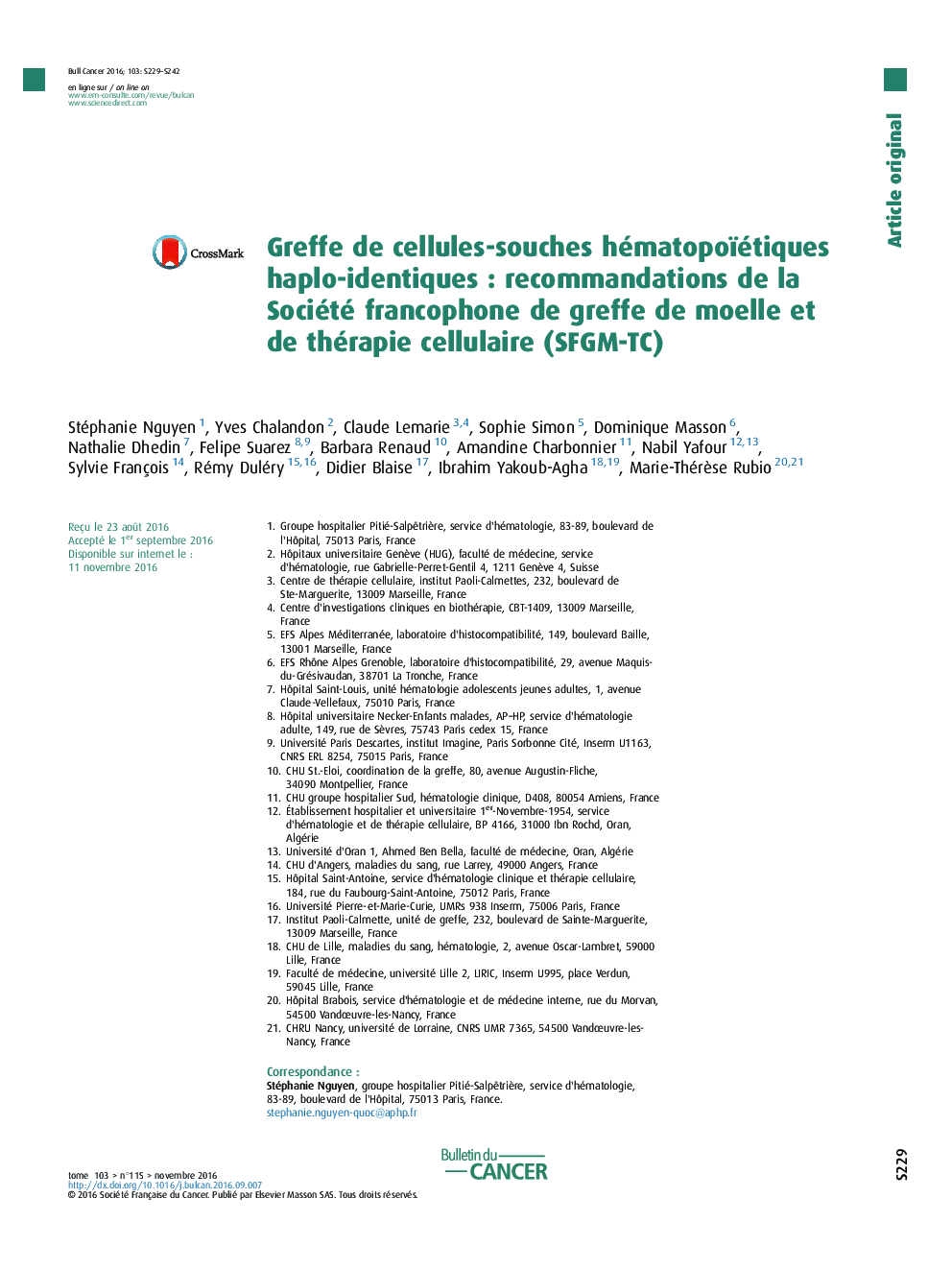 Greffe de cellules-souches hématopoïétiques haplo-identiquesÂ : recommandations de la Société francophone de greffe de moelle et de thérapie cellulaire (SFGM-TC)