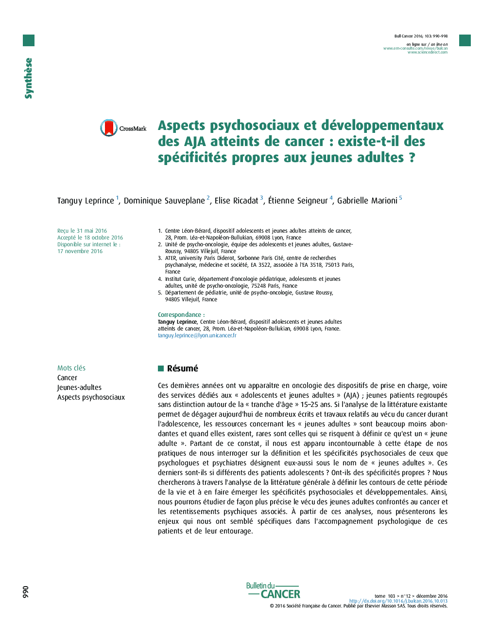 Aspects psychosociaux et développementaux des AJA atteints de cancerÂ : existe-t-il des spécificités propres aux jeunes adultesÂ ?