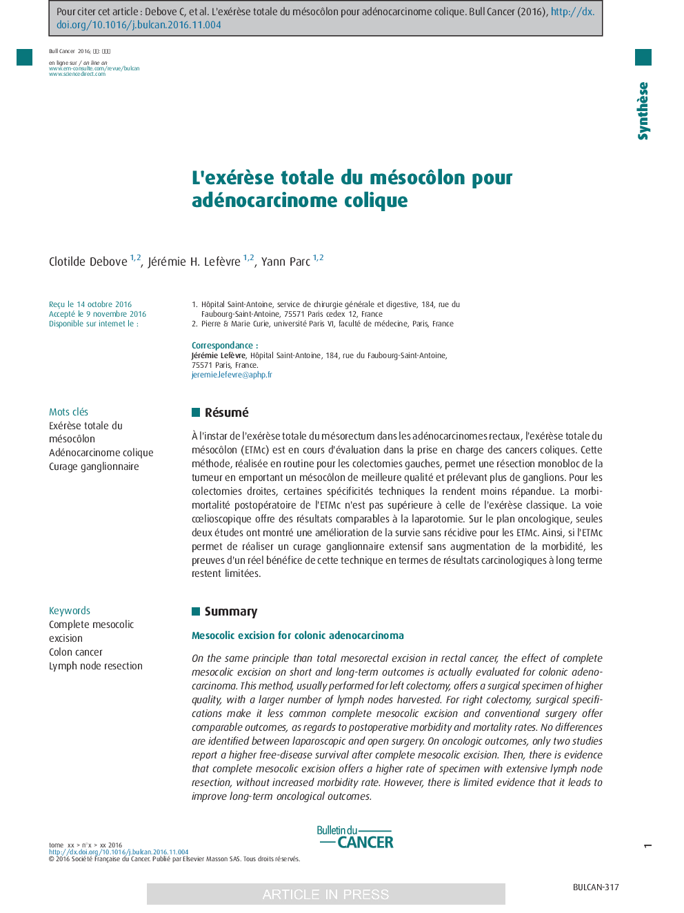 L'exérÃ¨se totale du mésocÃ´lon pour adénocarcinome colique