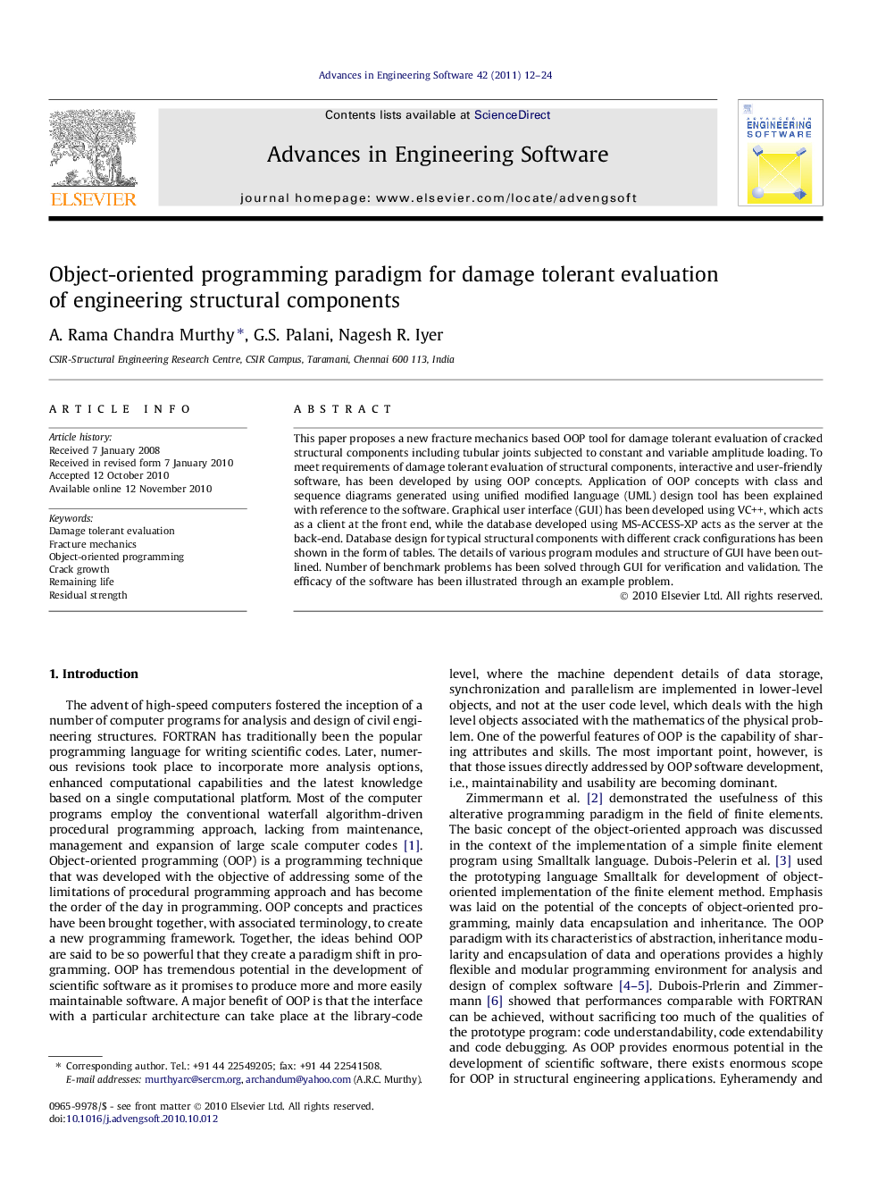 Object-oriented programming paradigm for damage tolerant evaluation of engineering structural components