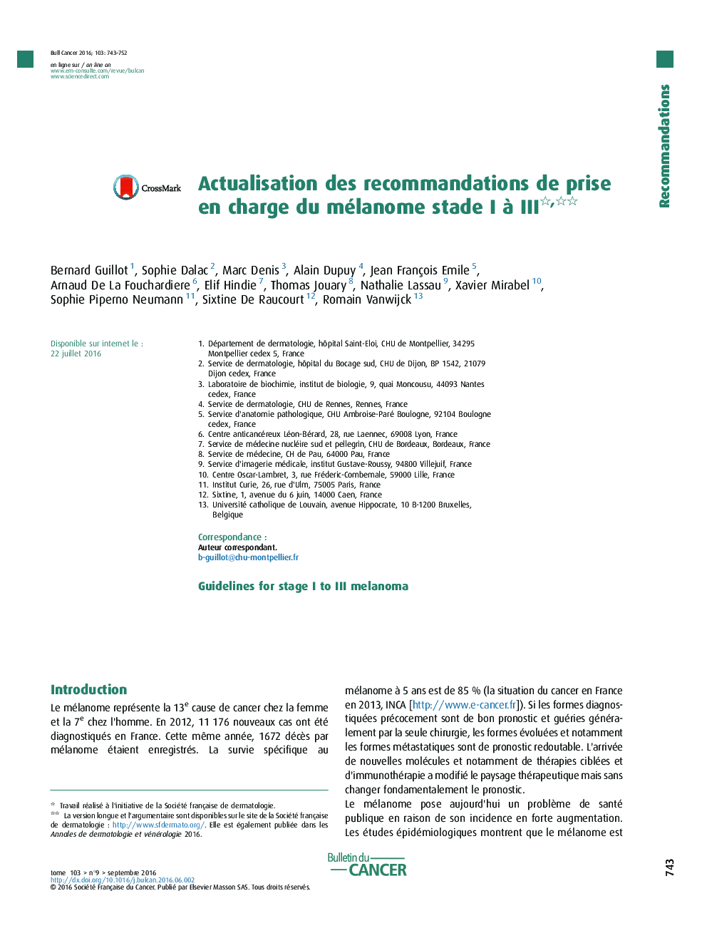 Actualisation des recommandations de prise en charge du mélanome stade I Ã  III