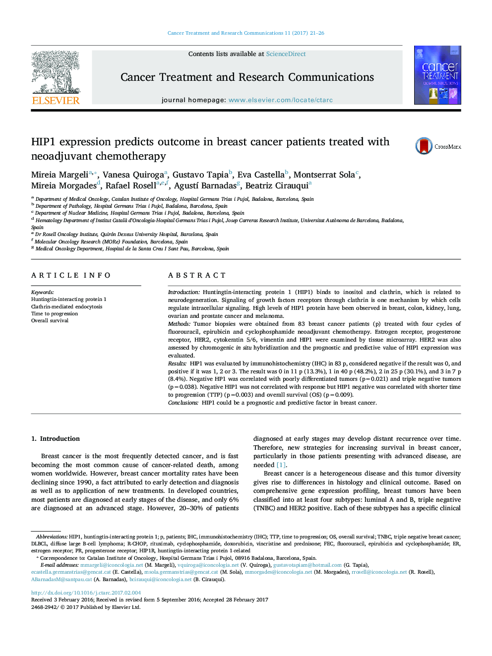 HIP1 expression predicts outcome in breast cancer patients treated with neoadjuvant chemotherapy