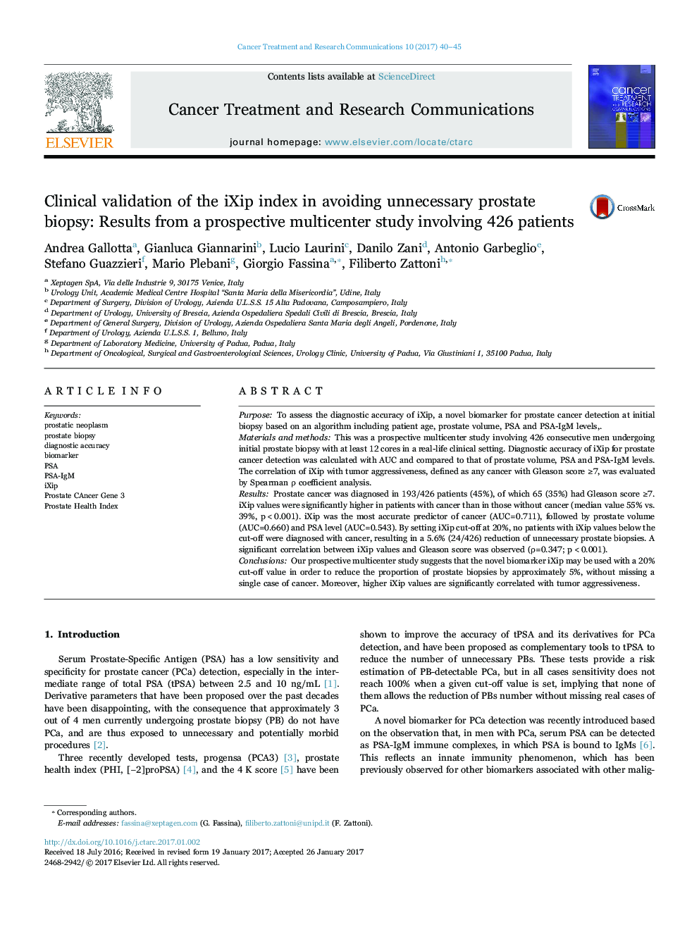 Clinical validation of the iXip index in avoiding unnecessary prostate biopsy: Results from a prospective multicenter study involving 426 patients