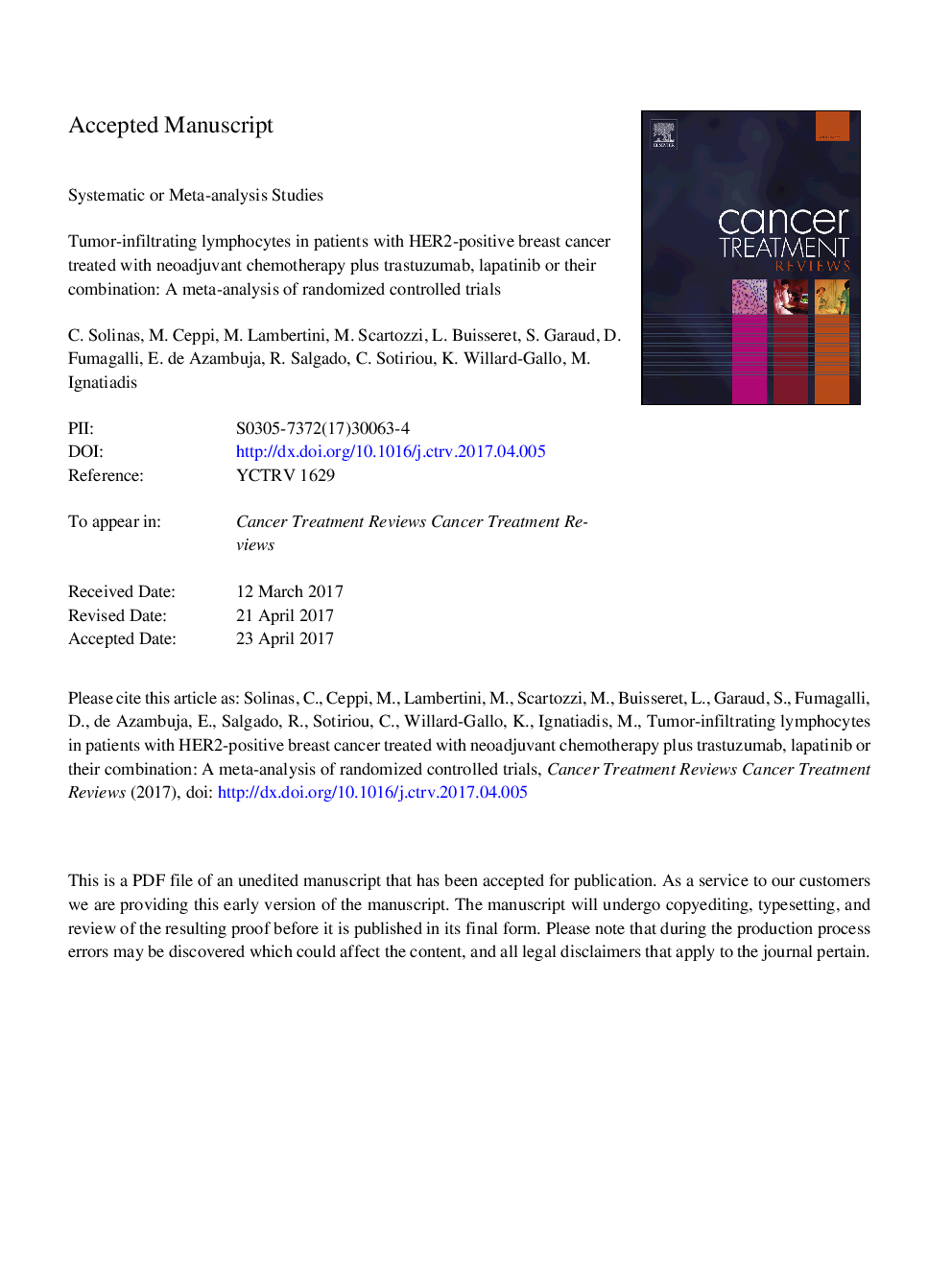 Tumor-infiltrating lymphocytes in patients with HER2-positive breast cancer treated with neoadjuvant chemotherapy plus trastuzumab, lapatinib or their combination: A meta-analysis of randomized controlled trials