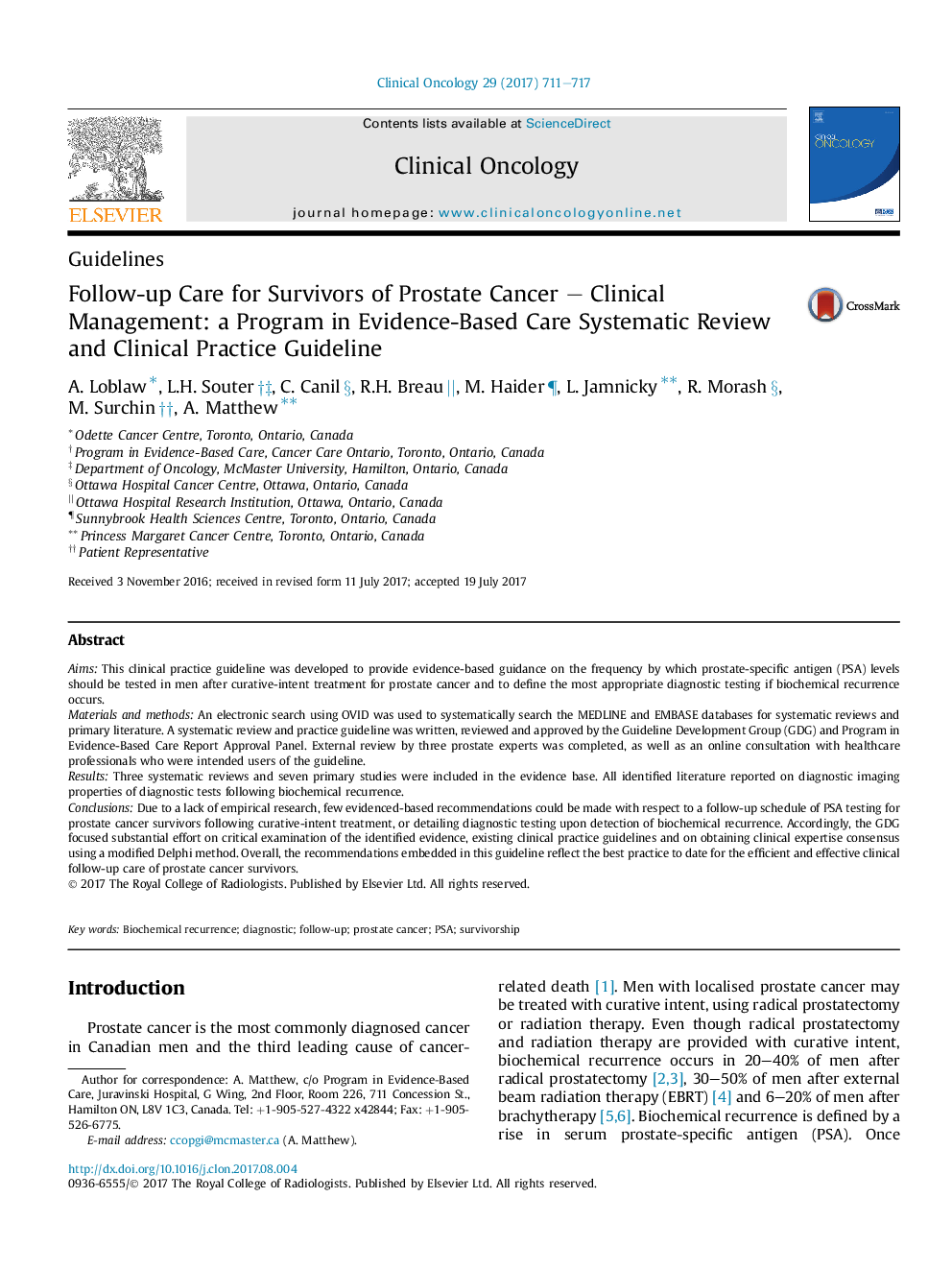 Follow-up Care for Survivors of Prostate Cancer - Clinical Management: a Program in Evidence-Based Care Systematic Review and Clinical Practice Guideline