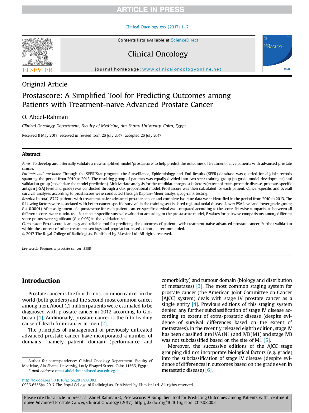 Prostascore: A Simplified Tool for Predicting Outcomes among Patients with Treatment-naive Advanced Prostate Cancer