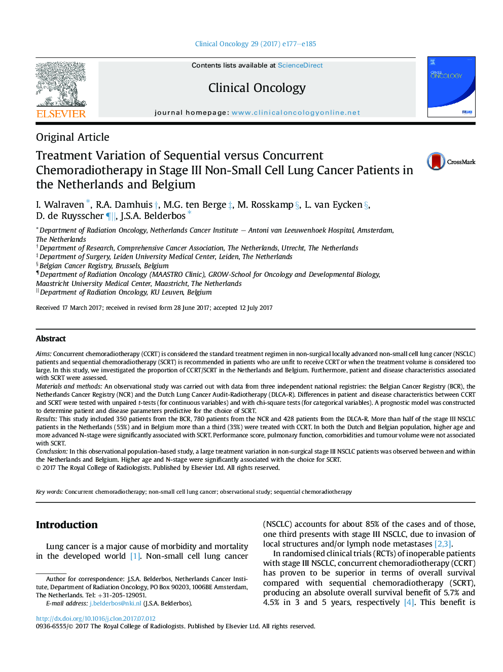 Treatment Variation of Sequential versus Concurrent Chemoradiotherapy in Stage III Non-Small Cell Lung Cancer Patients in the Netherlands and Belgium