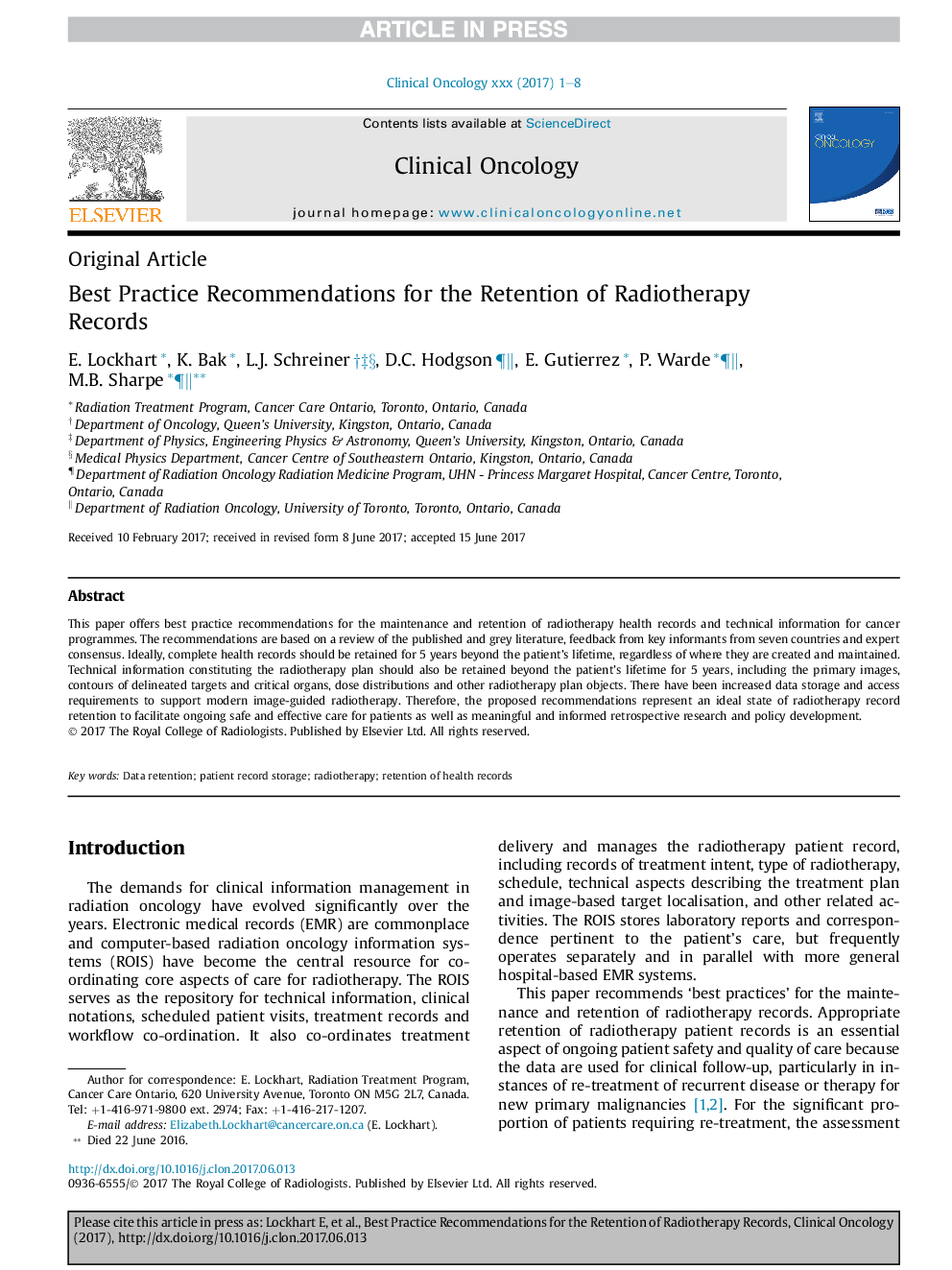 Best Practice Recommendations for the Retention of Radiotherapy Records