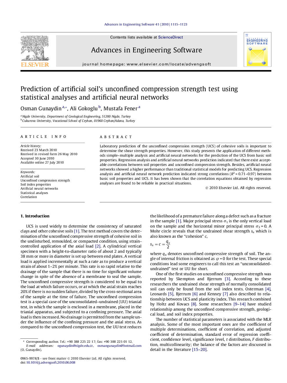 Prediction of artificial soil’s unconfined compression strength test using statistical analyses and artificial neural networks