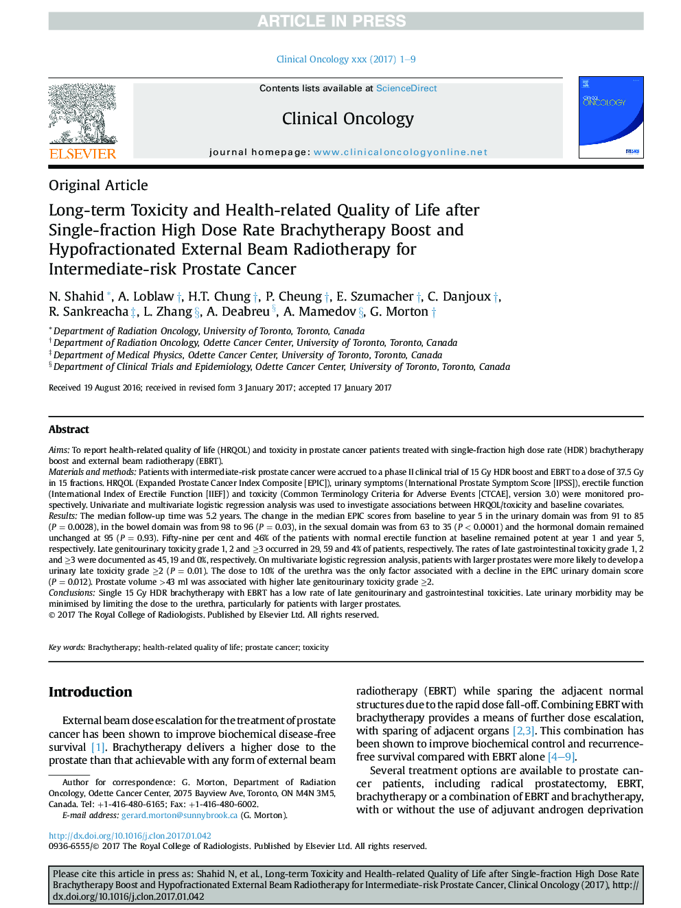 Long-term Toxicity and Health-related Quality of Life after Single-fraction High Dose Rate Brachytherapy Boost and Hypofractionated External Beam Radiotherapy for Intermediate-risk Prostate Cancer