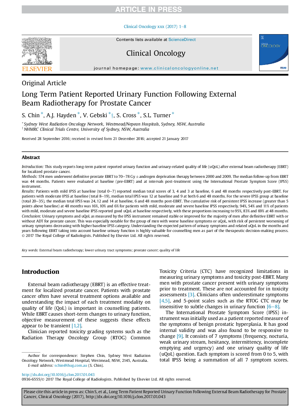 Long Term Patient Reported Urinary Function Following External Beam Radiotherapy for Prostate Cancer