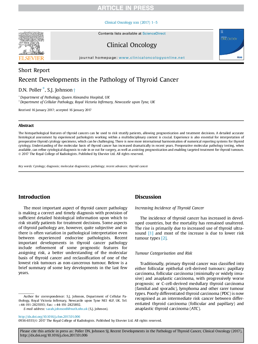 Recent Developments in the Pathology of Thyroid Cancer