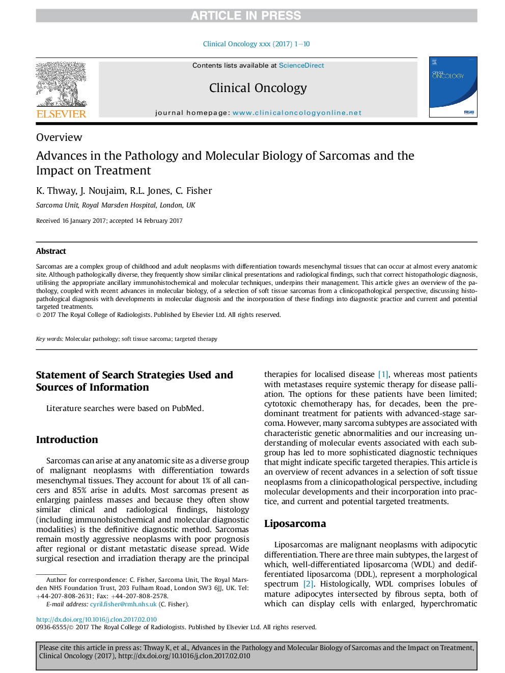 Advances in the Pathology and Molecular Biology of Sarcomas and the Impact on Treatment