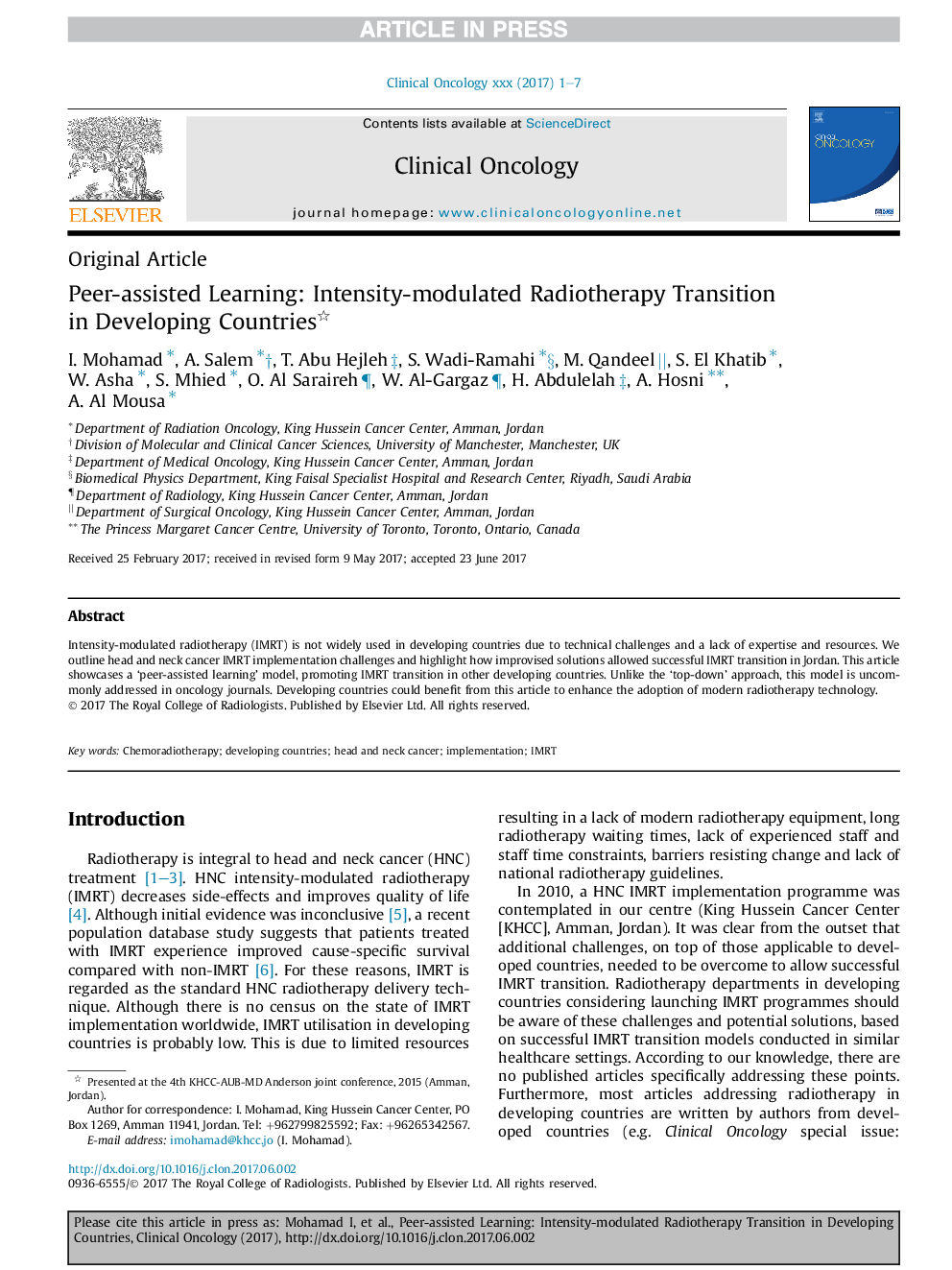 Peer-assisted Learning: Intensity-modulated Radiotherapy Transition in Developing Countries