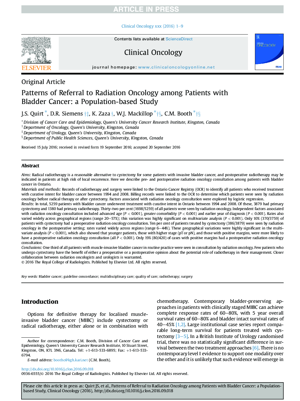 Patterns of Referral to Radiation Oncology among Patients with Bladder Cancer: a Population-based Study