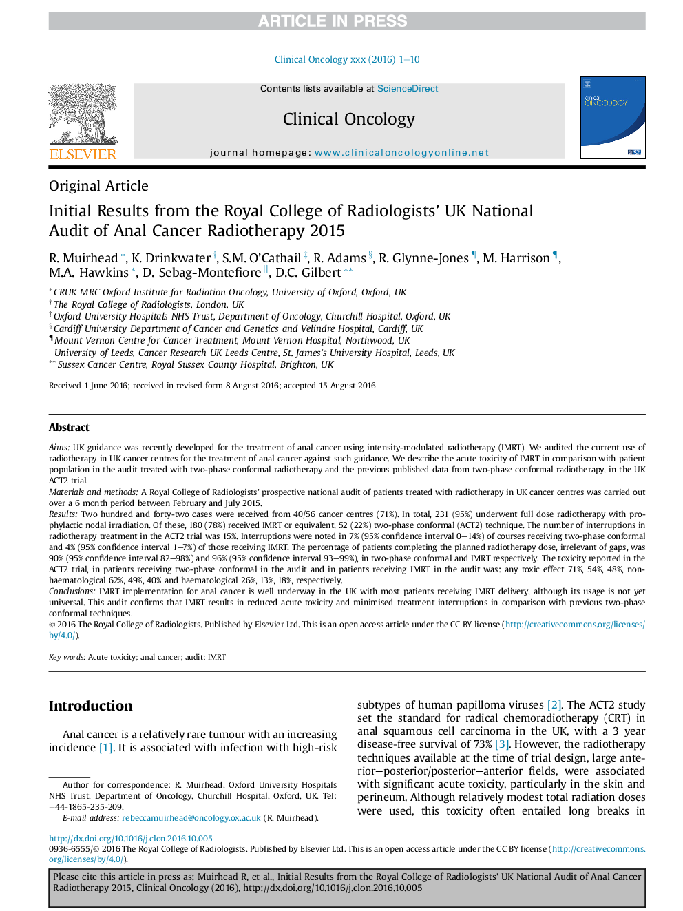 Initial Results from the Royal College of Radiologists' UK National Audit of Anal Cancer Radiotherapy 2015