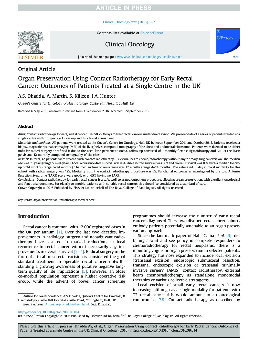 Organ Preservation Using Contact Radiotherapy for Early Rectal Cancer: Outcomes of Patients Treated at a Single Centre in the UK