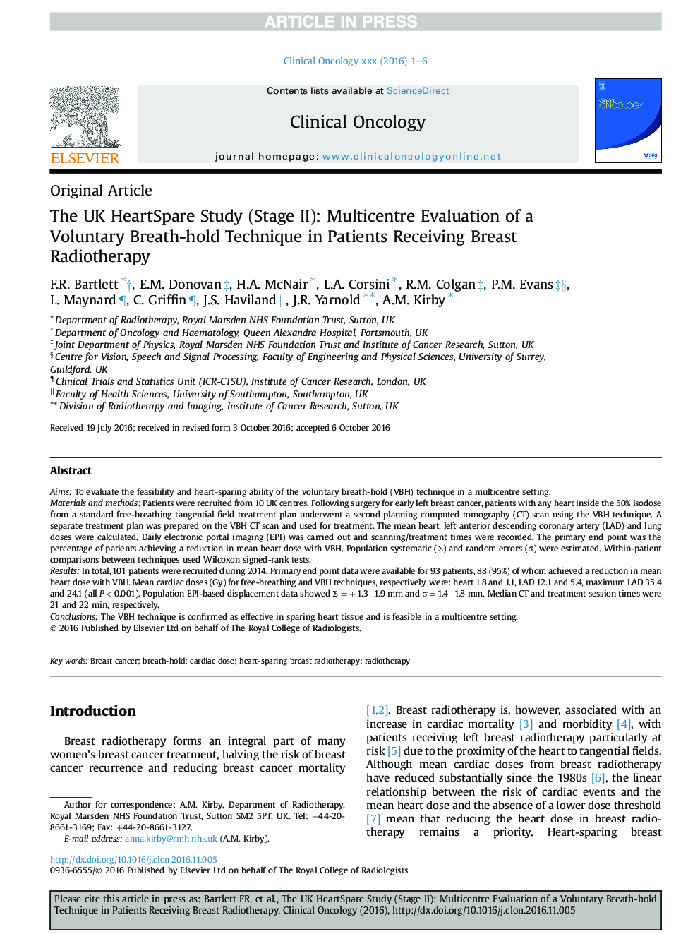 The UK HeartSpare Study (Stage II): Multicentre Evaluation of a Voluntary Breath-hold Technique in Patients Receiving Breast Radiotherapy