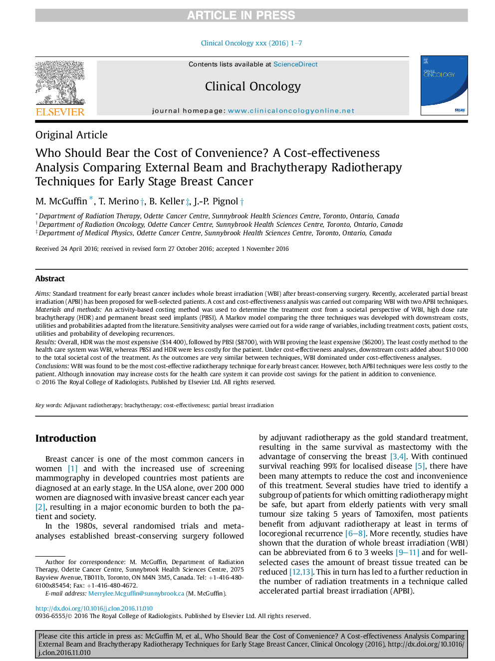 Who Should Bear the Cost of Convenience? A Cost-effectiveness Analysis Comparing External Beam and Brachytherapy Radiotherapy Techniques for Early Stage Breast Cancer