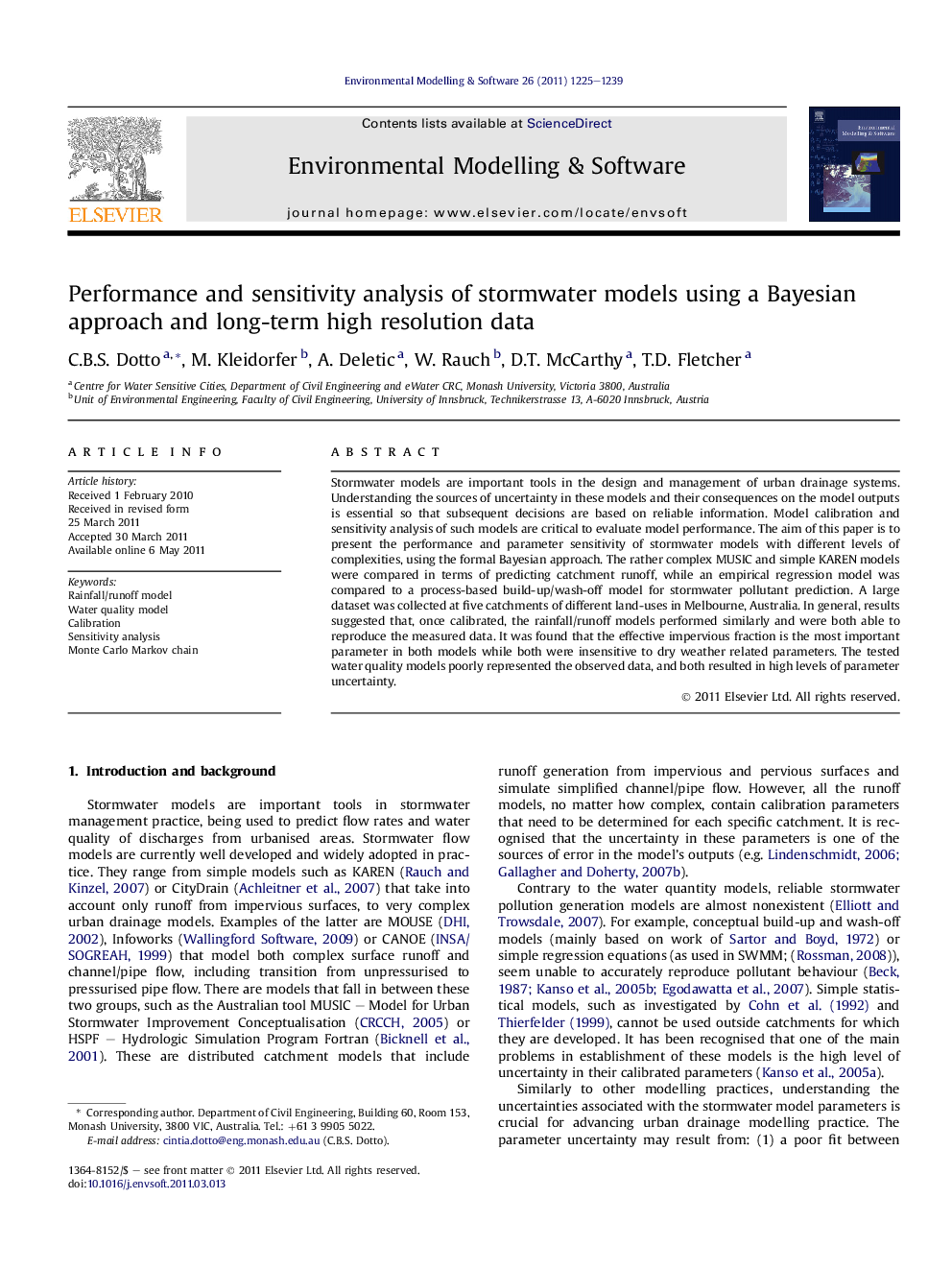 Performance and sensitivity analysis of stormwater models using a Bayesian approach and long-term high resolution data