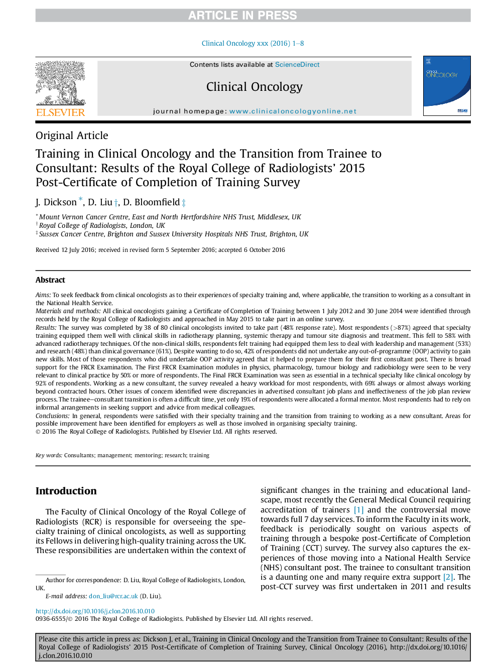 Training in Clinical Oncology and the Transition from Trainee to Consultant: Results of the Royal College of Radiologists' 2015 Post-Certificate of Completion of Training Survey