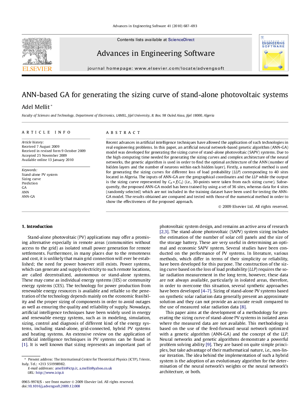 ANN-based GA for generating the sizing curve of stand-alone photovoltaic systems