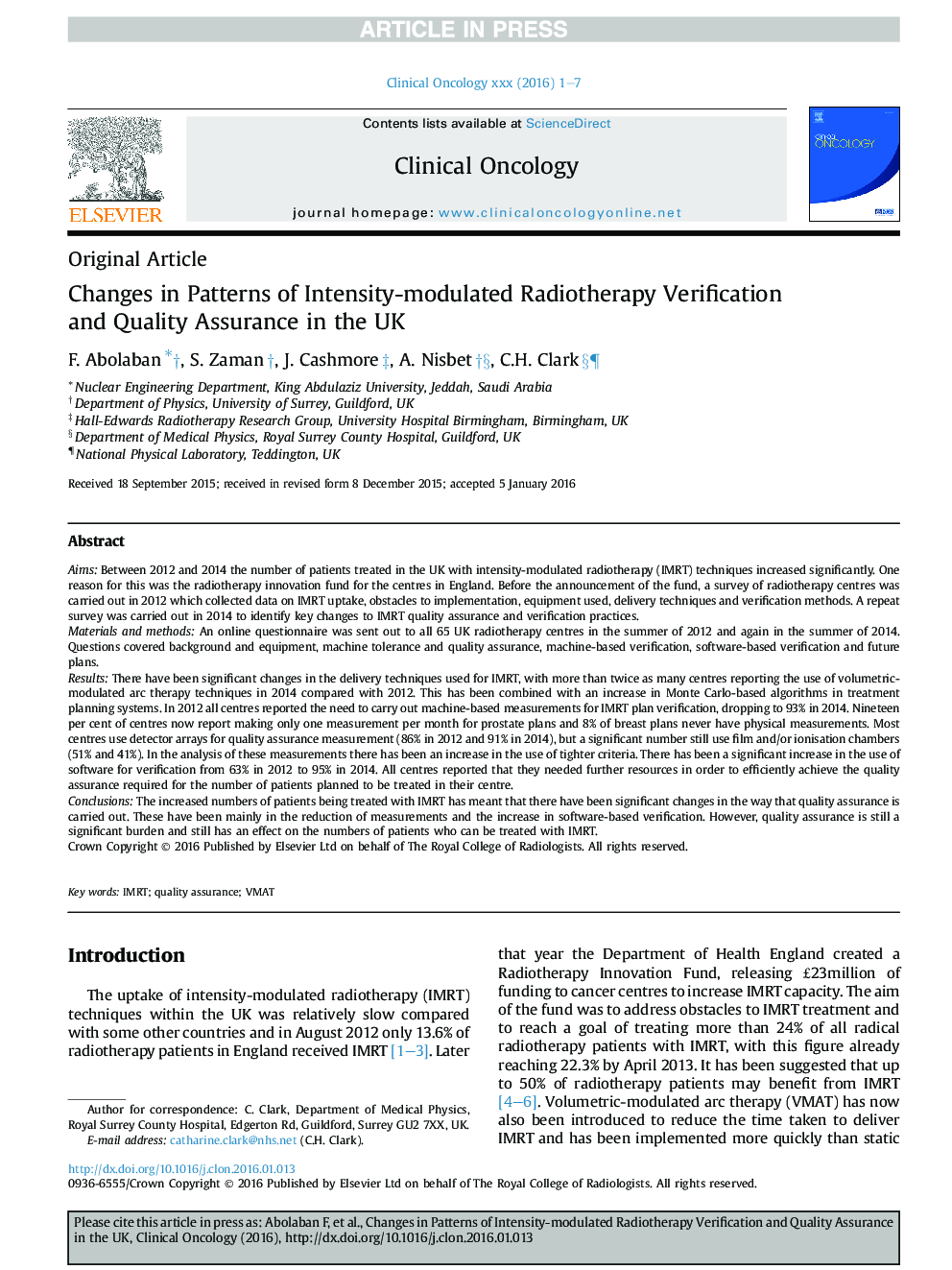 Changes in Patterns of Intensity-modulated Radiotherapy Verification and Quality Assurance in the UK