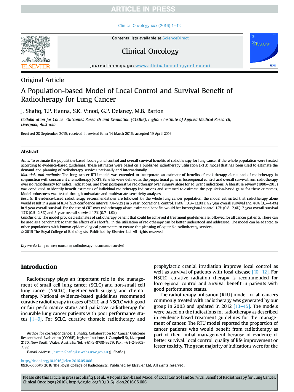 A Population-based Model of Local Control and Survival Benefit of Radiotherapy for Lung Cancer