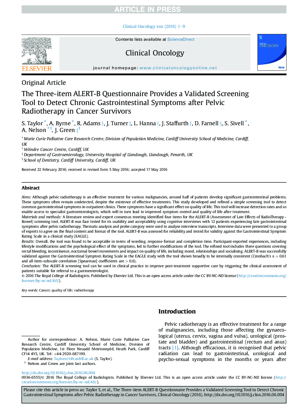 The Three-item ALERT-B Questionnaire Provides a Validated Screening Tool to Detect Chronic Gastrointestinal Symptoms after Pelvic Radiotherapy in Cancer Survivors