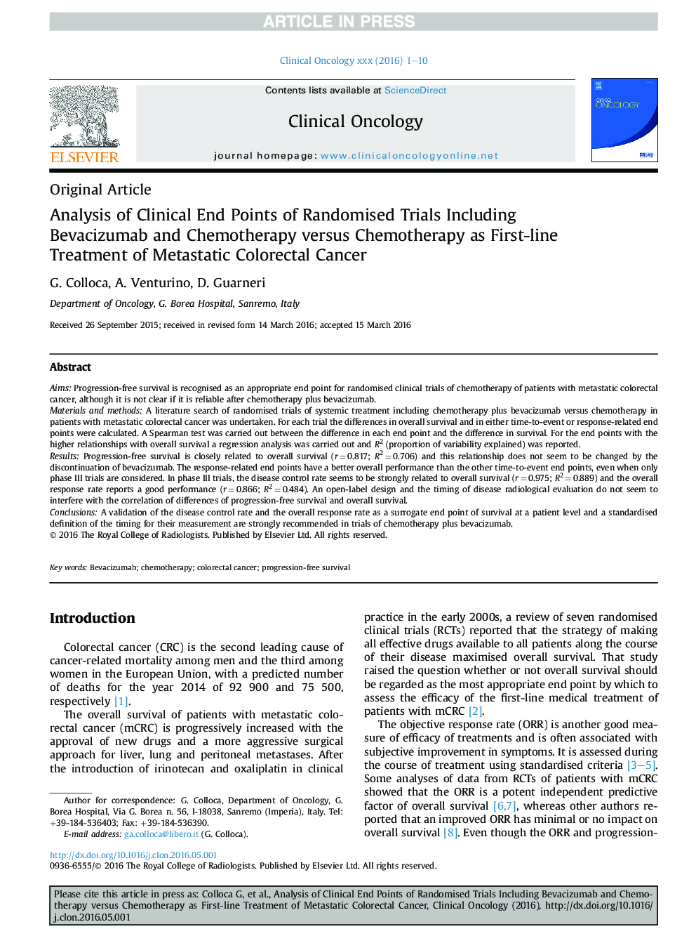 Analysis of Clinical End Points of Randomised Trials Including Bevacizumab and Chemotherapy versus Chemotherapy as First-line Treatment of Metastatic Colorectal Cancer