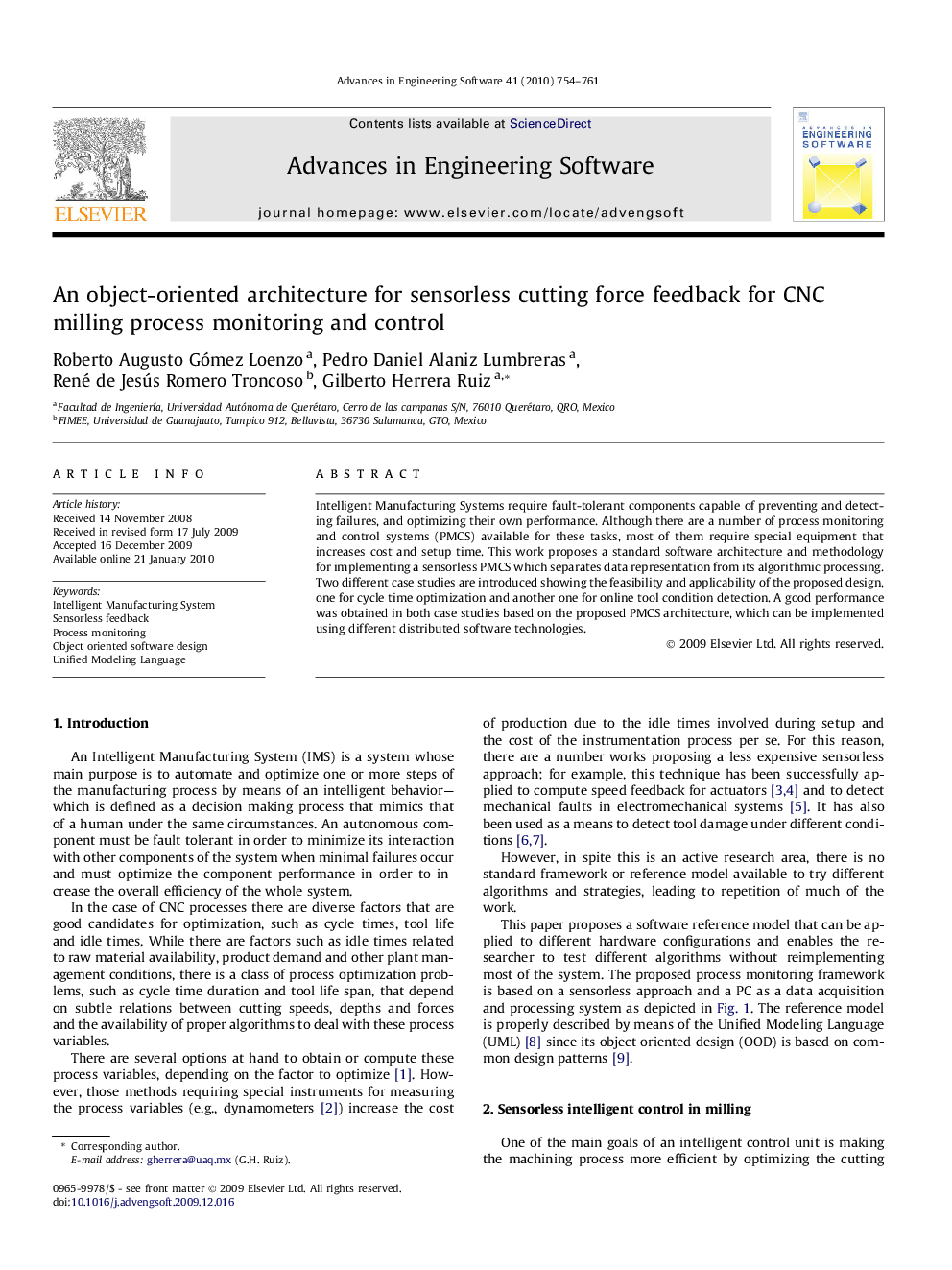 An object-oriented architecture for sensorless cutting force feedback for CNC milling process monitoring and control