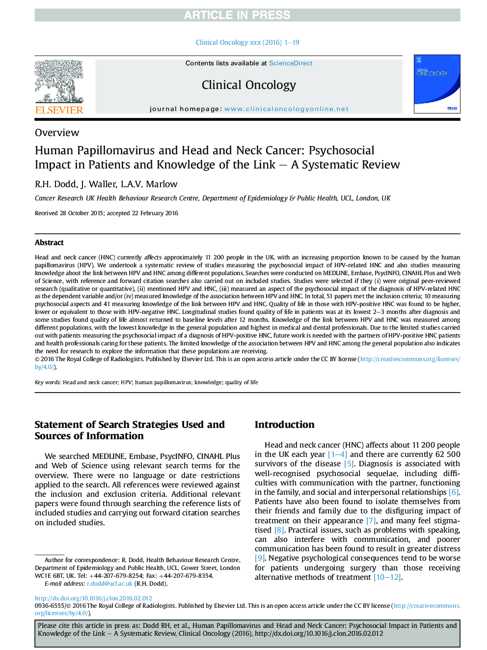 Human Papillomavirus and Head and Neck Cancer: Psychosocial Impact in Patients and Knowledge of the Link - A Systematic Review