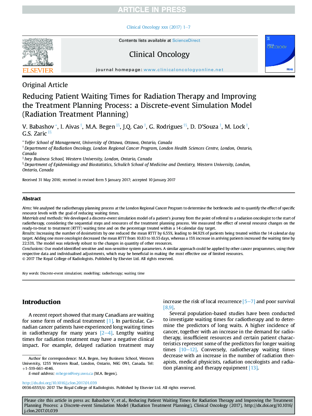 Reducing Patient Waiting Times for Radiation Therapy and Improving the Treatment Planning Process: a Discrete-event Simulation Model (Radiation Treatment Planning)