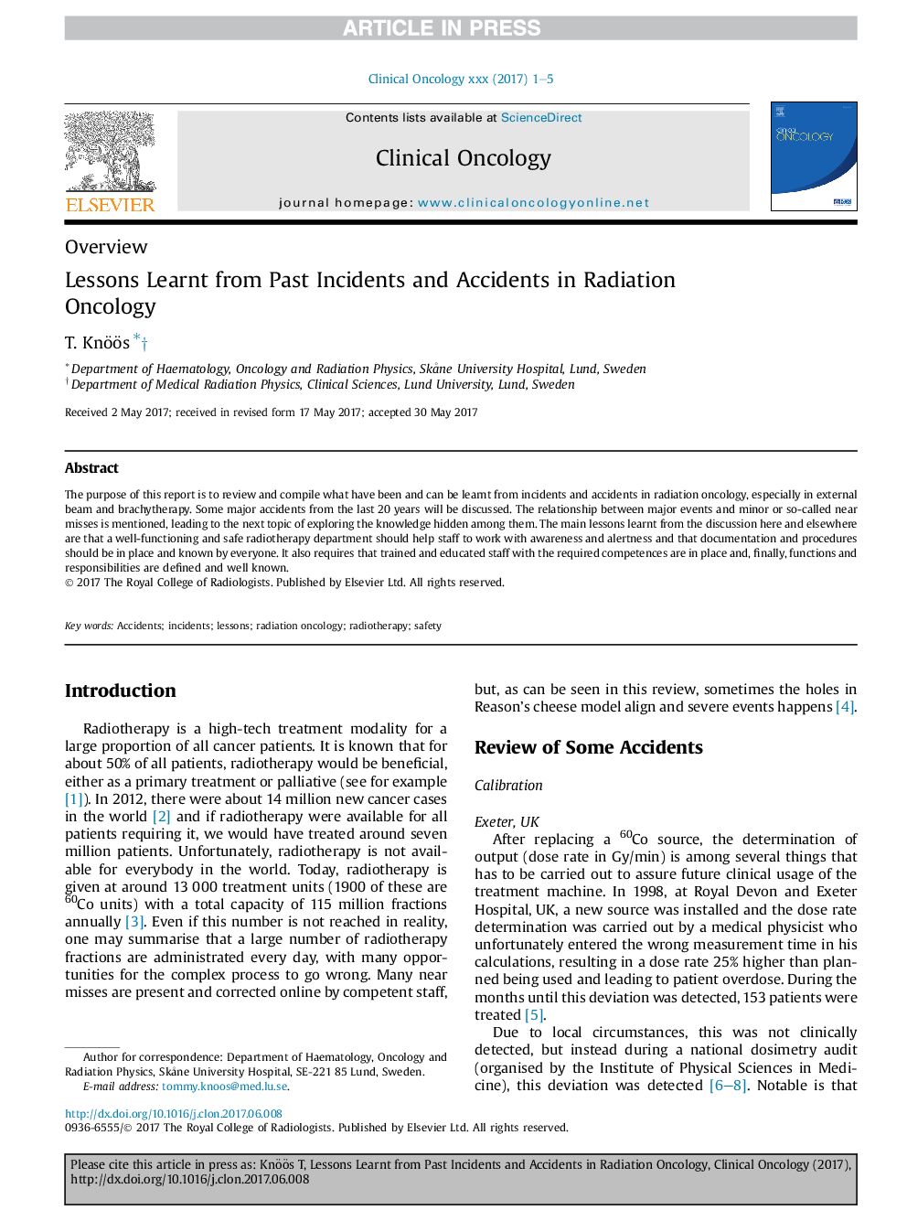 Lessons Learnt from Past Incidents and Accidents in Radiation Oncology