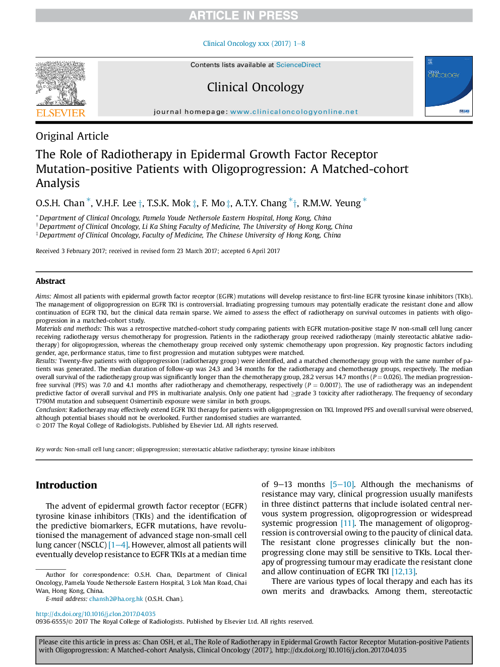 The Role of Radiotherapy in Epidermal Growth Factor Receptor Mutation-positive Patients with Oligoprogression: A Matched-cohort Analysis