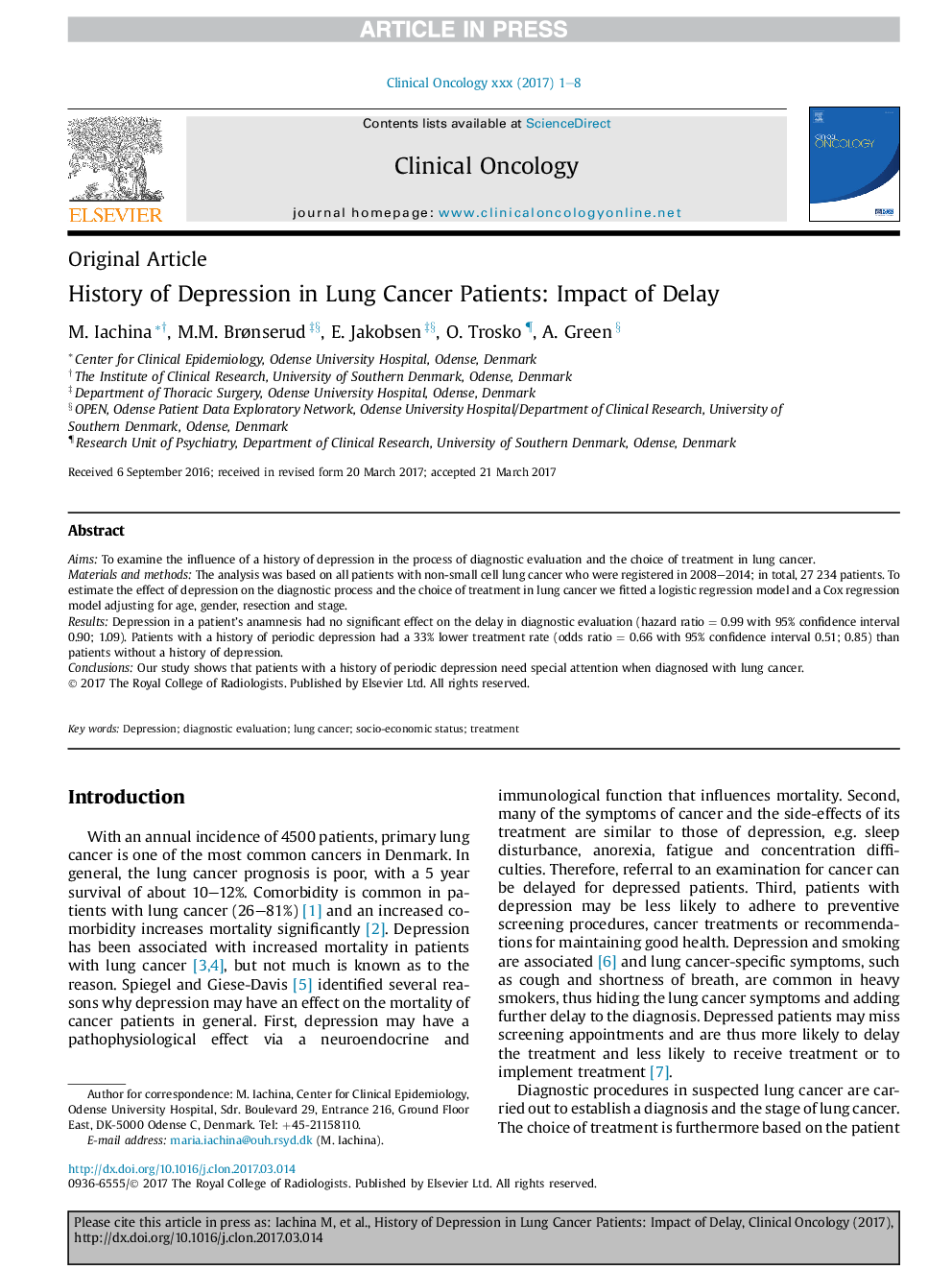 History of Depression in Lung Cancer Patients: Impact of Delay