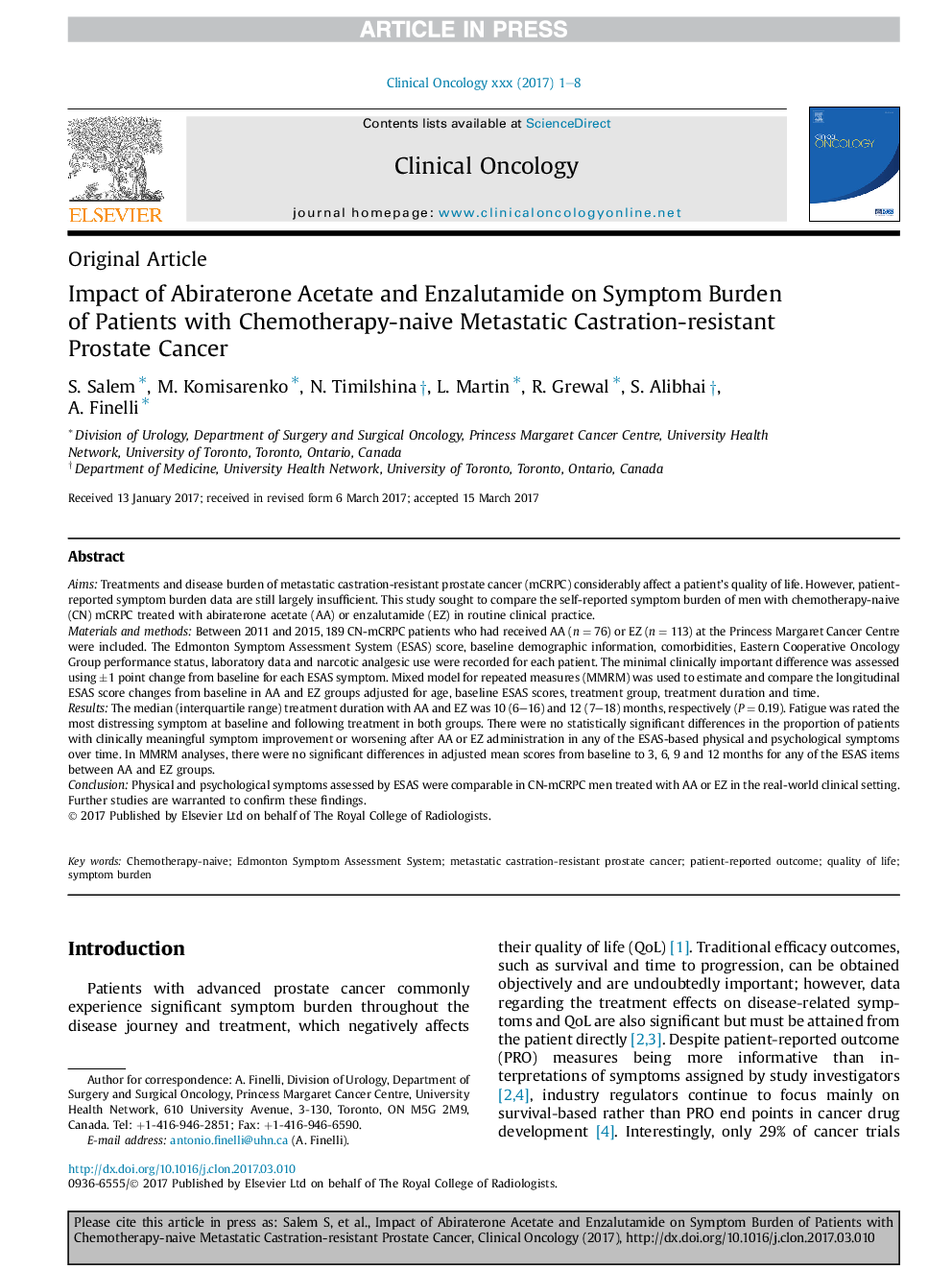 Impact of Abiraterone Acetate and Enzalutamide on Symptom Burden of Patients with Chemotherapy-naive Metastatic Castration-resistant Prostate Cancer