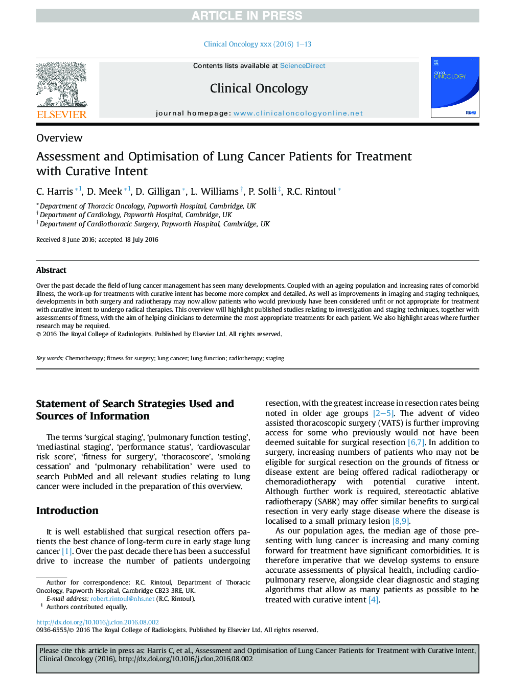 Assessment and Optimisation of Lung Cancer Patients for Treatment with Curative Intent