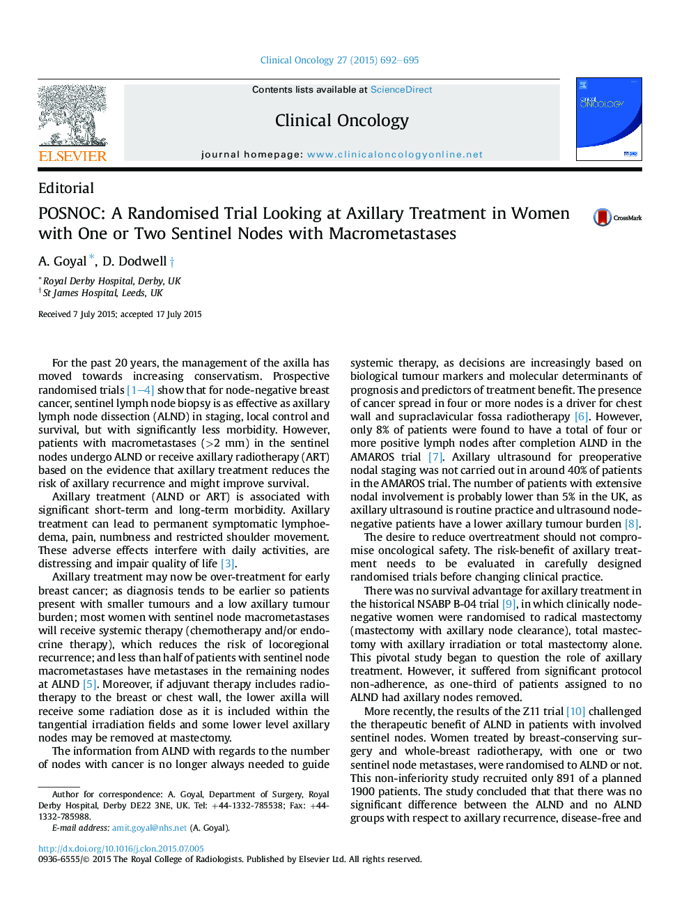 POSNOC: A Randomised Trial Looking at Axillary Treatment in Women with One or Two Sentinel Nodes with Macrometastases