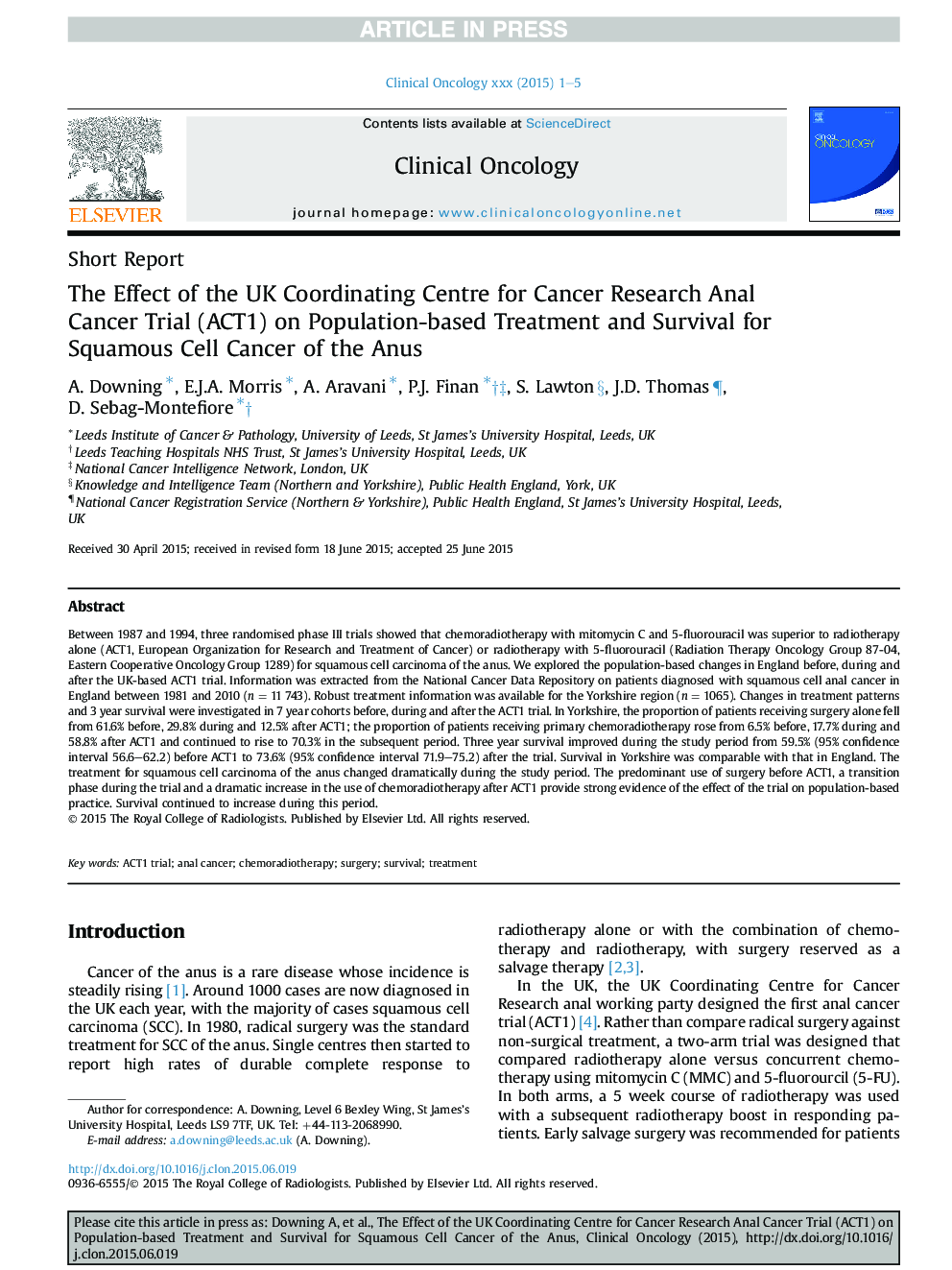 The Effect of the UK Coordinating Centre for Cancer Research Anal Cancer Trial (ACT1) on Population-based Treatment and Survival for Squamous Cell Cancer of the Anus