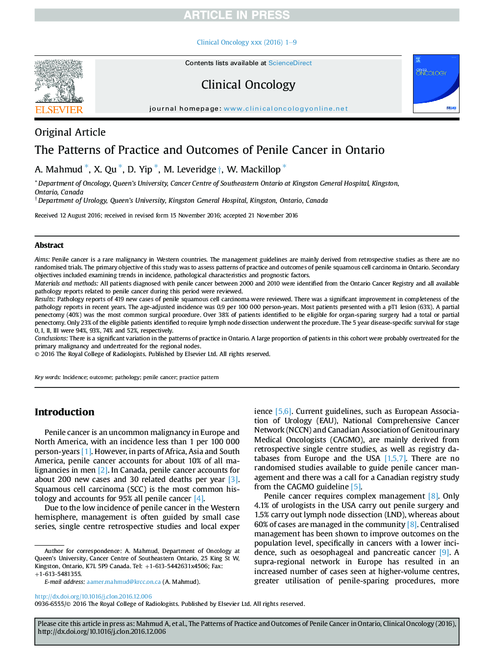 The Patterns of Practice and Outcomes of Penile Cancer in Ontario