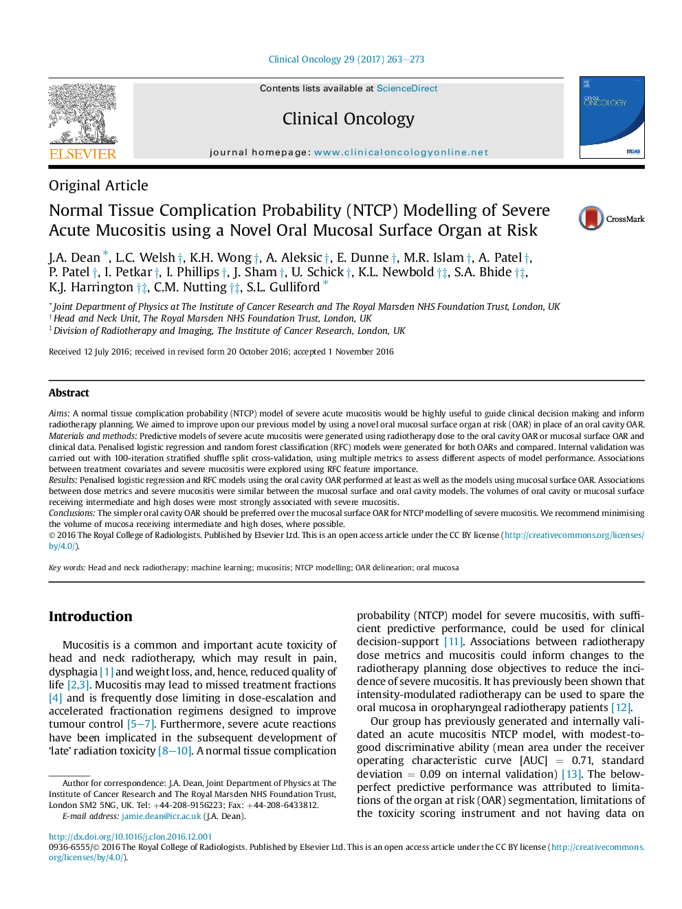 Normal Tissue Complication Probability (NTCP) Modelling of Severe Acute Mucositis using a Novel Oral Mucosal Surface Organ at Risk