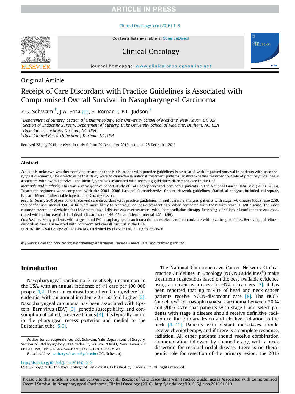 Receipt of Care Discordant with Practice Guidelines is Associated with Compromised Overall Survival in Nasopharyngeal Carcinoma