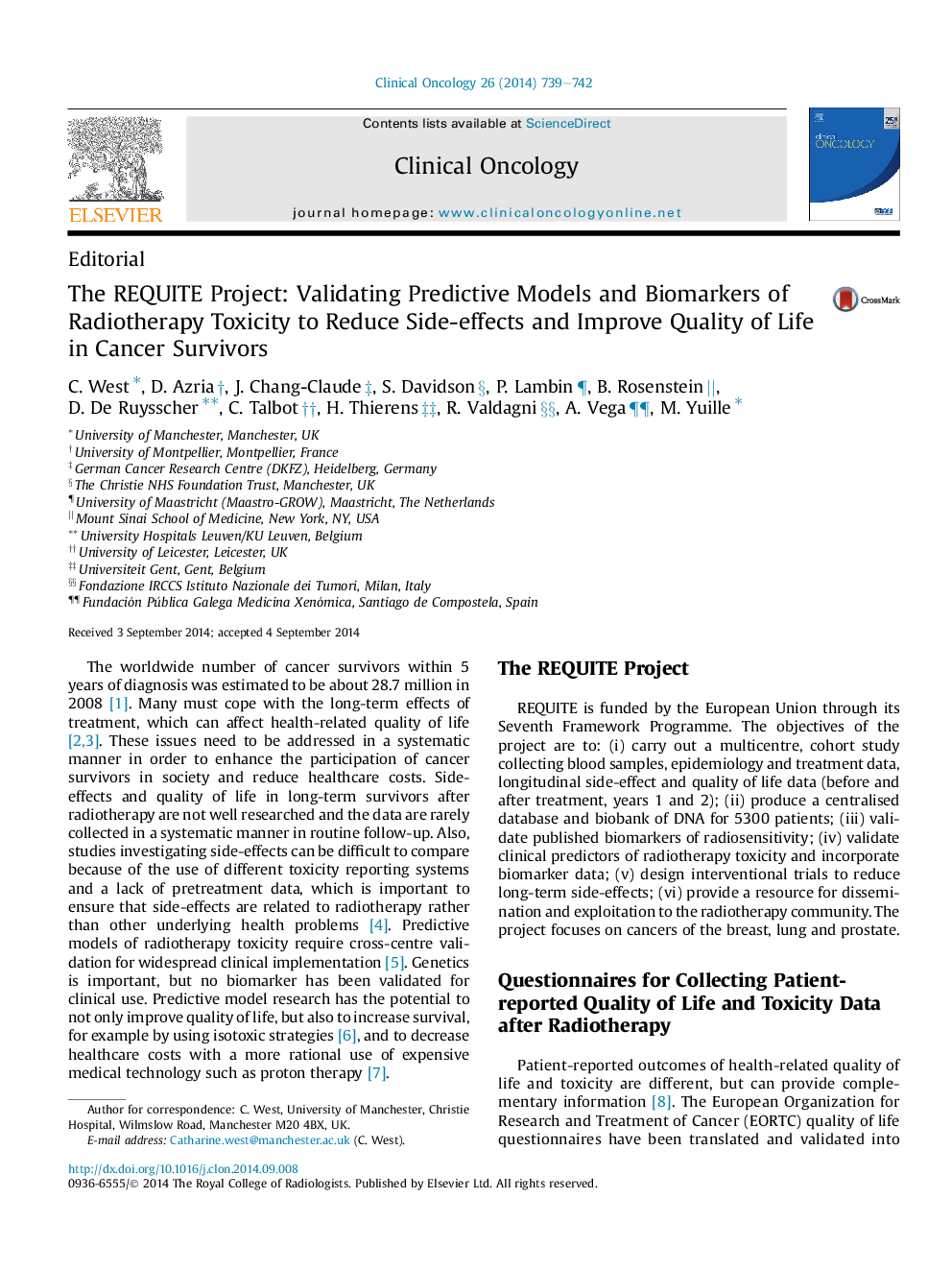 The REQUITE Project: Validating Predictive Models and Biomarkers of Radiotherapy Toxicity to Reduce Side-effects and Improve Quality of Life in Cancer Survivors